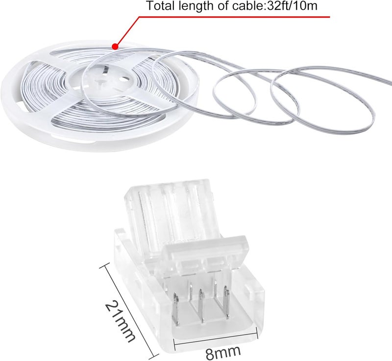 RGBZONE 3 Pin 8mm LED Connector Kit with 10pcs LED Connectors and 32.8ft 3 Pin Extension Wire for 8mm IP20 IP65 SMD 5050 Dream Color LED Strip Lights WS2811 WS2812B - Image 2